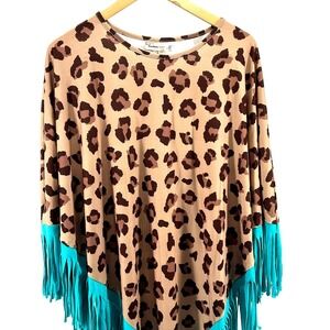 Southern Stitch Leopard Print Fringe Poncho Top Turquoise Trim 3XL XCH12037 NEW